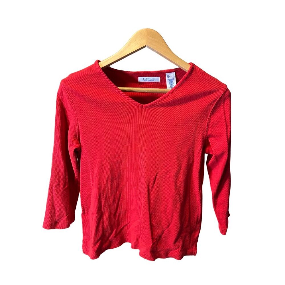 LizWear by Liz Claiborne Orange Three Quarter Sleeve V Neck Ribbed Top SZ S